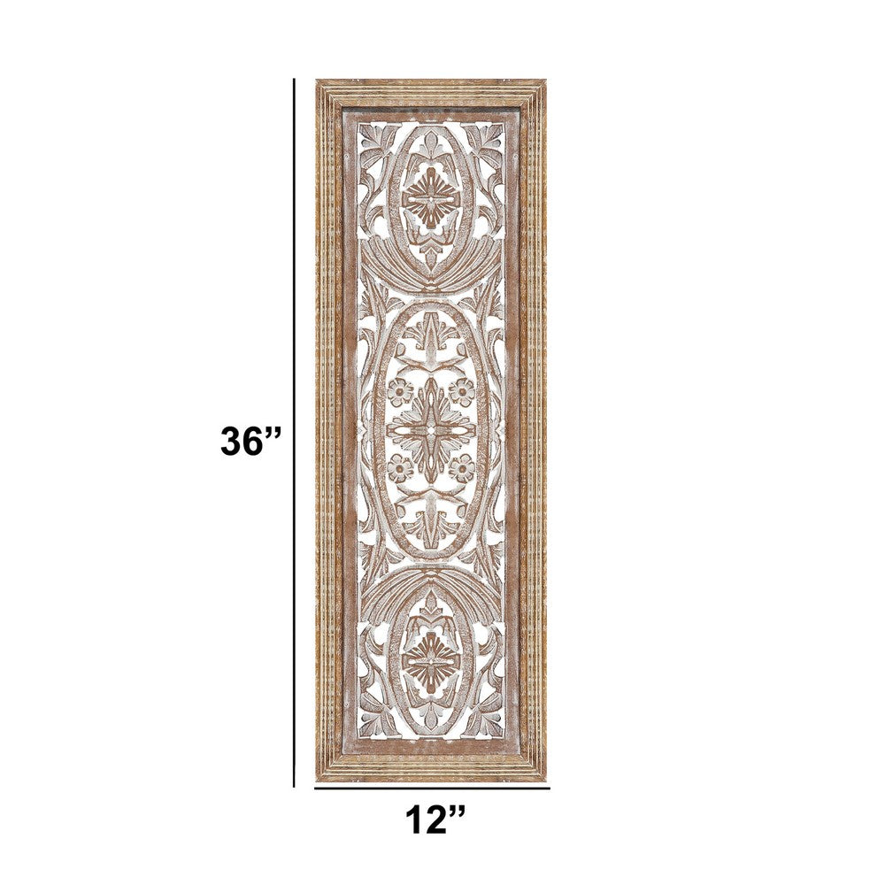 Rectangular Mango Wood Wall Panel Hand Crafted With Intricate Carving, White and Brown - BM01908