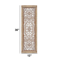 Rectangular Mango Wood Wall Panel Hand Crafted With Intricate Carving, White and Brown - BM01908