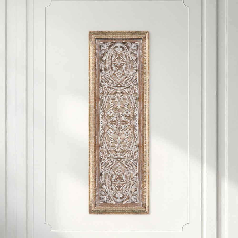 Rectangular Mango Wood Wall Panel Hand Crafted With Intricate Carving, White and Brown - BM01908