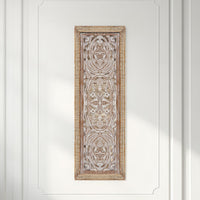 Rectangular Mango Wood Wall Panel Hand Crafted With Intricate Carving, White and Brown - BM01908