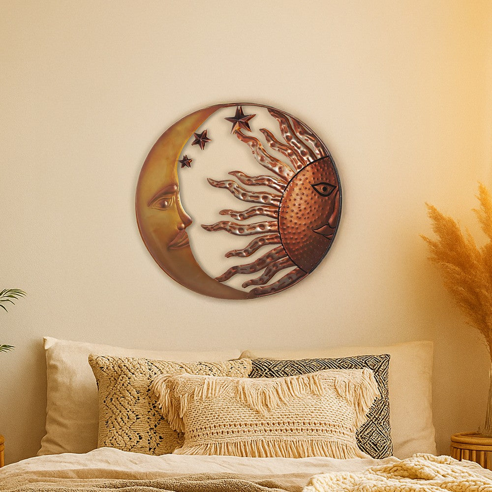 21 Inch Handcrafted Sun and Moon Accent Wall Decor, Round Metal Wall Mount, Rustic Gold, Bronze - BM05395