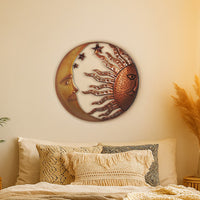 21 Inch Handcrafted Sun and Moon Accent Wall Decor, Round Metal Wall Mount, Rustic Gold, Bronze - BM05395
