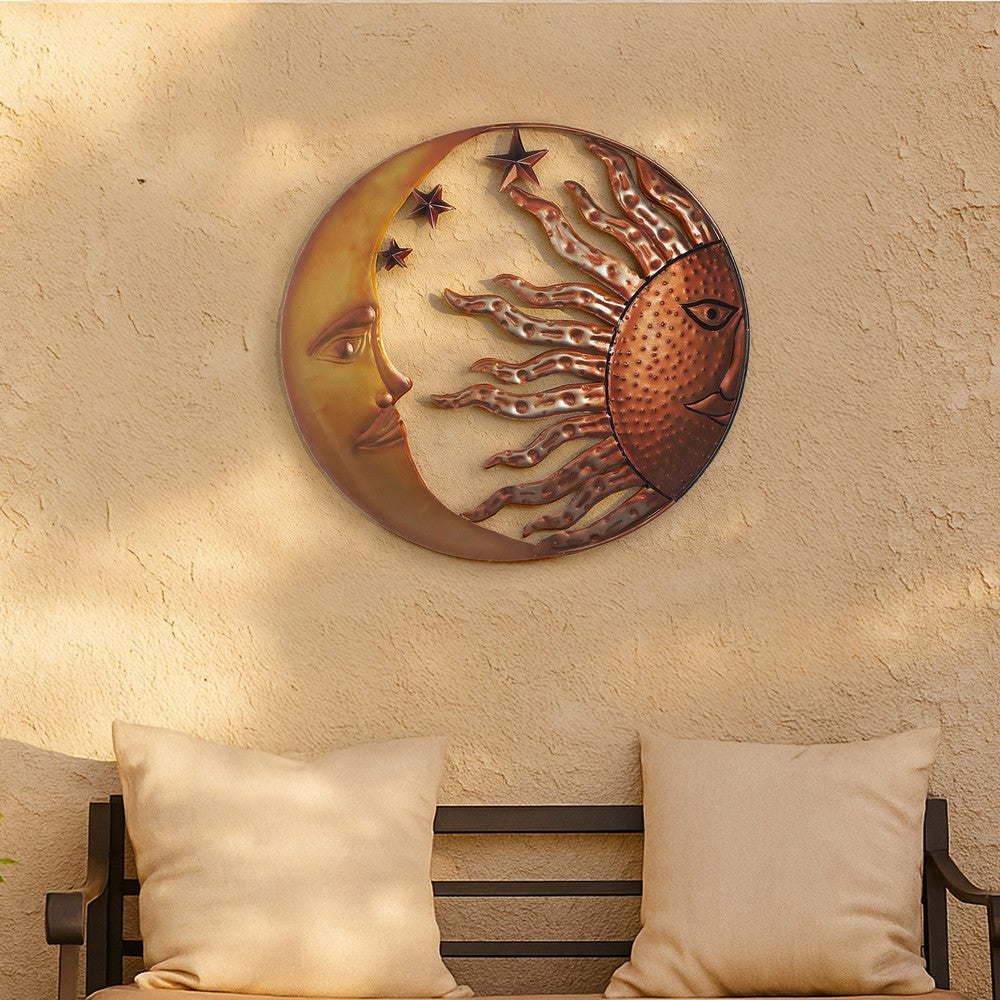 21 Inch Handcrafted Sun and Moon Accent Wall Decor, Round Metal Wall Mount, Rustic Gold, Bronze - BM05395