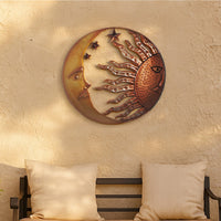 21 Inch Handcrafted Sun and Moon Accent Wall Decor, Round Metal Wall Mount, Rustic Gold, Bronze - BM05395