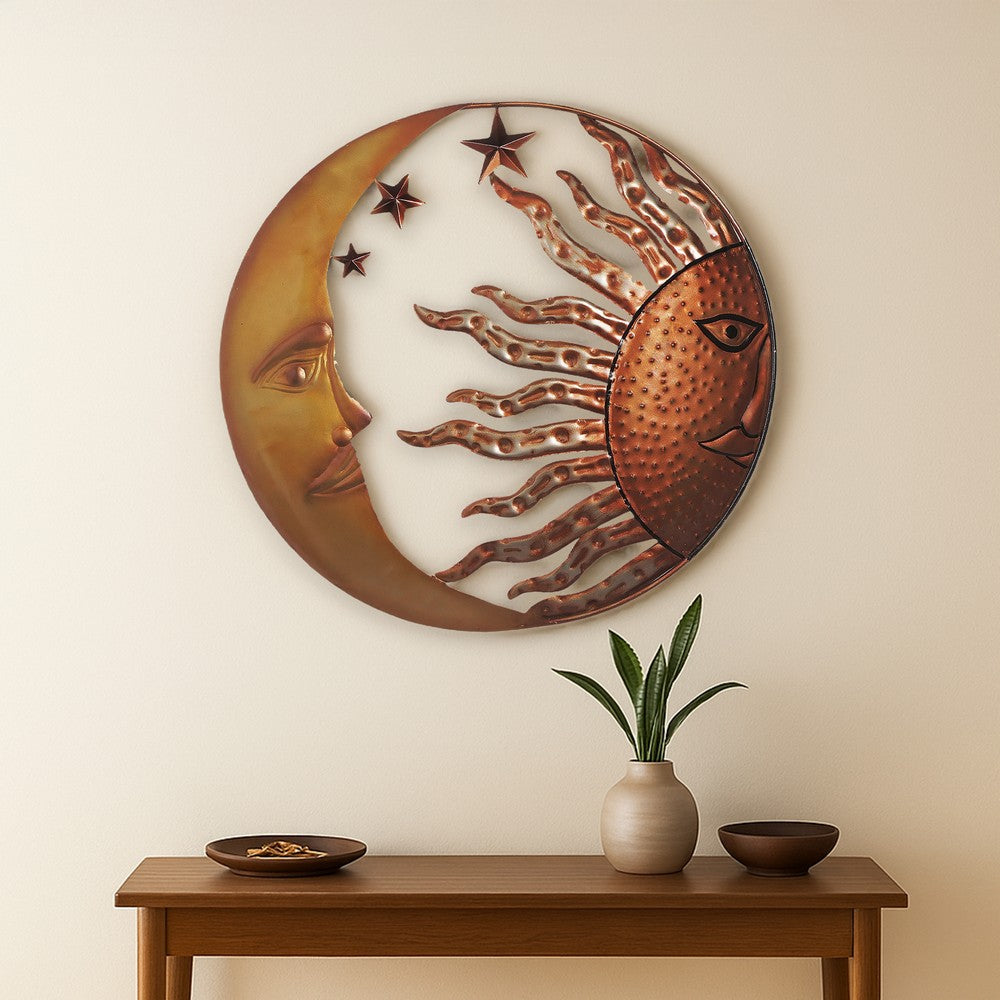 21 Inch Handcrafted Sun and Moon Accent Wall Decor, Round Metal Wall Mount, Rustic Gold, Bronze - BM05395