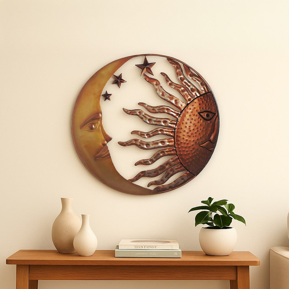 21 Inch Handcrafted Sun and Moon Accent Wall Decor, Round Metal Wall Mount, Rustic Gold, Bronze - BM05395