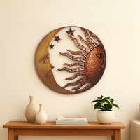 21 Inch Handcrafted Sun and Moon Accent Wall Decor, Round Metal Wall Mount, Rustic Gold, Bronze - BM05395