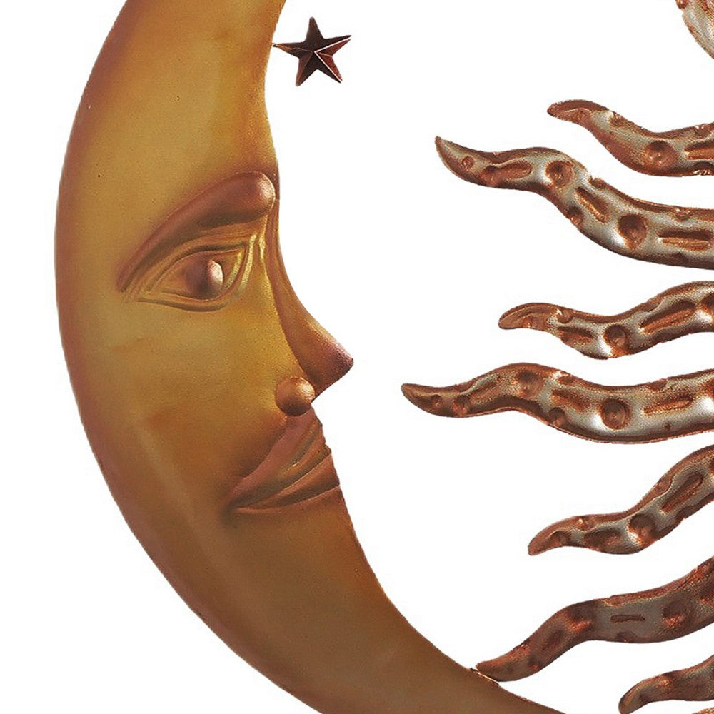 21 Inch Handcrafted Sun and Moon Accent Wall Decor, Round Metal Wall Mount, Rustic Gold, Bronze - BM05395