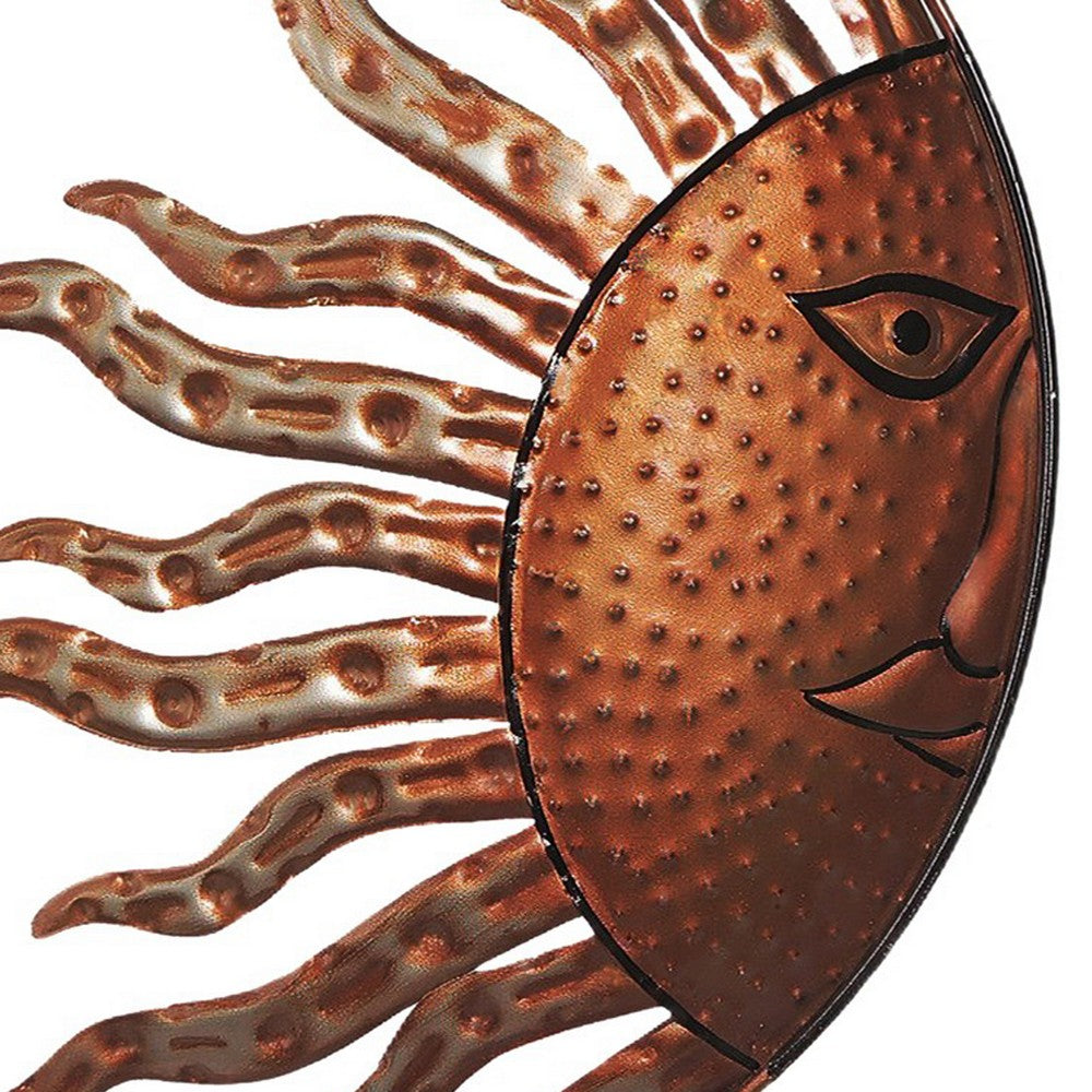 21 Inch Handcrafted Sun and Moon Accent Wall Decor, Round Metal Wall Mount, Rustic Gold, Bronze - BM05395