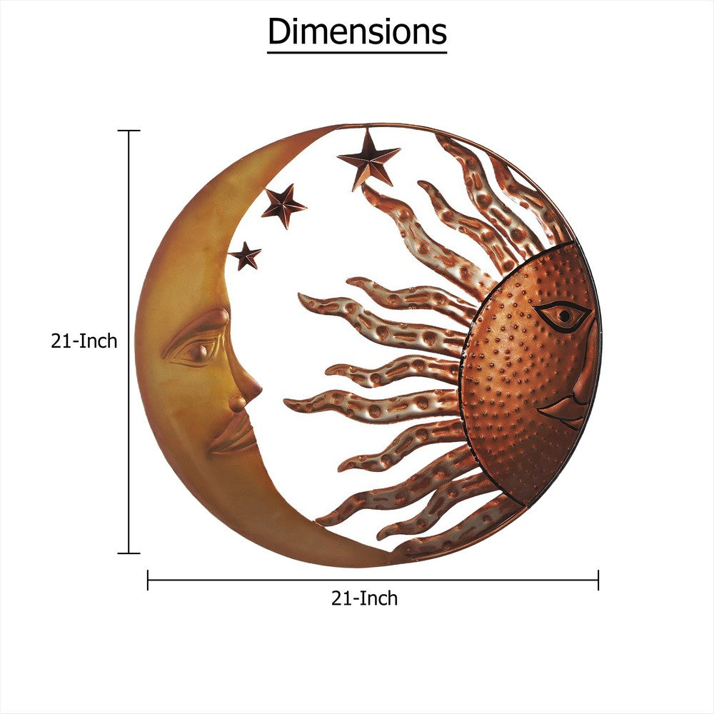 21 Inch Handcrafted Sun and Moon Accent Wall Decor, Round Metal Wall Mount, Rustic Gold, Bronze - BM05395