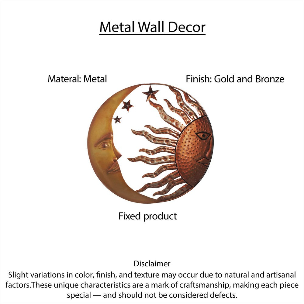 21 Inch Handcrafted Sun and Moon Accent Wall Decor, Round Metal Wall Mount, Rustic Gold, Bronze - BM05395