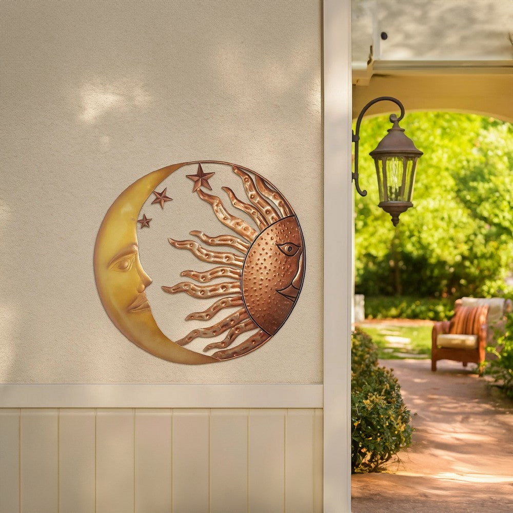 21 Inch Handcrafted Sun and Moon Accent Wall Decor, Round Metal Wall Mount, Rustic Gold, Bronze - BM05395