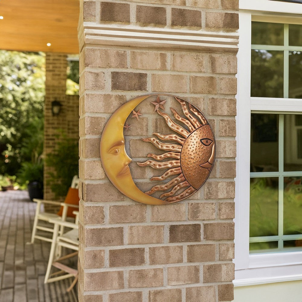 21 Inch Handcrafted Sun and Moon Accent Wall Decor, Round Metal Wall Mount, Rustic Gold, Bronze - BM05395