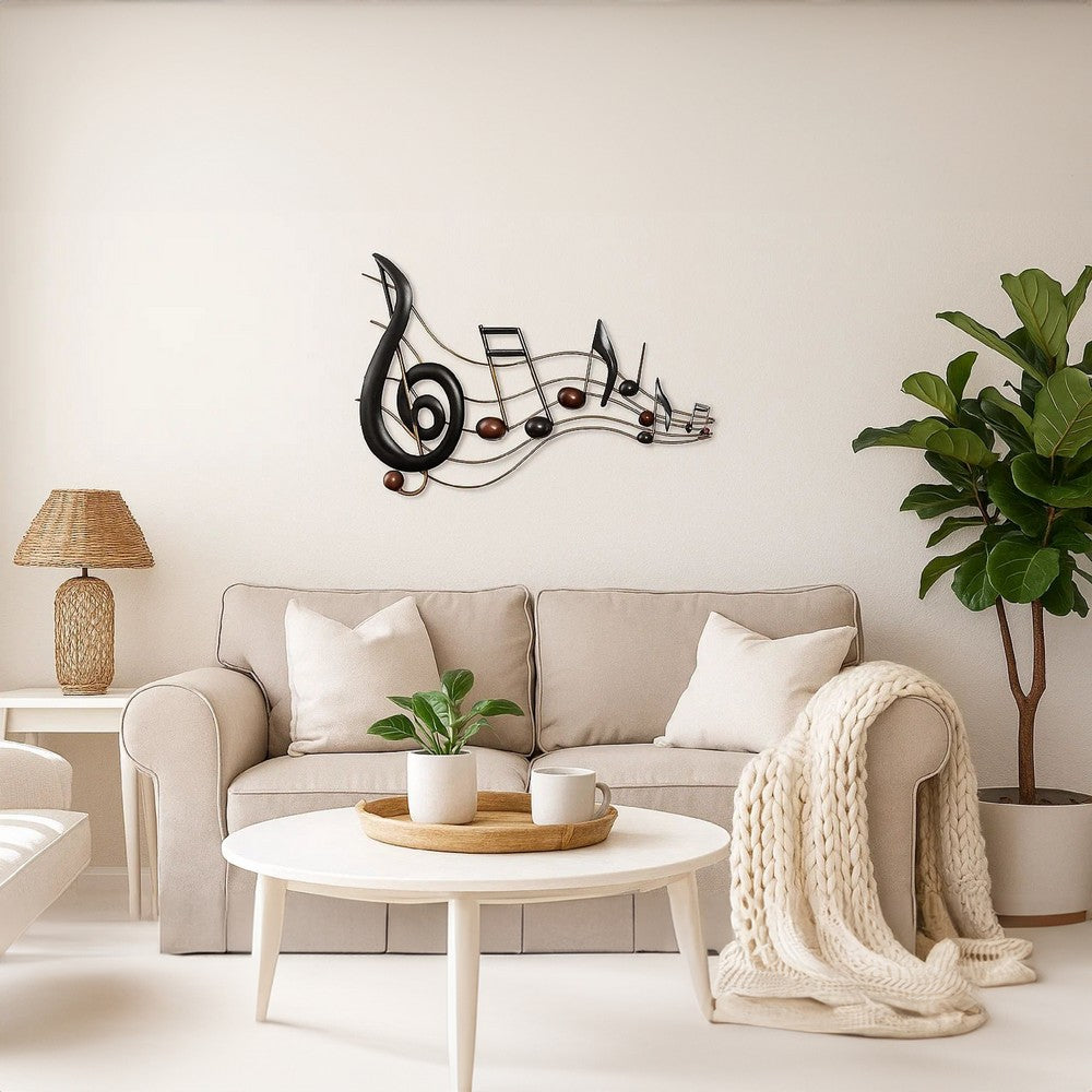26 Inch Handmade Metal Wall Mount Accent Decor with Musical Notes and Treble Clef, Black, Red - BM05414