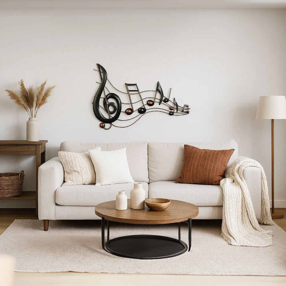 26 Inch Handmade Metal Wall Mount Accent Decor with Musical Notes and Treble Clef, Black, Red - BM05414