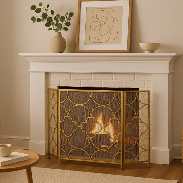 50 Inch 3 Panel Metal Fireplace Screen, Quatrefoil Design, Gold - BM05668
