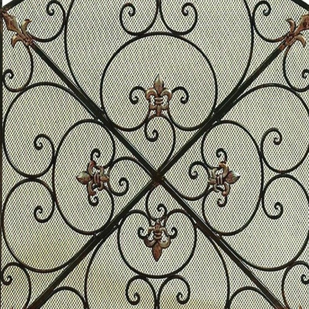 Traditional 3 Panel Metal Fire Screen With Filigree Design, Bronze - BM06168