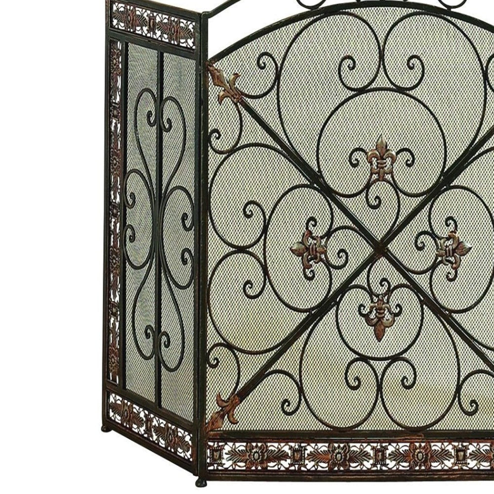 Traditional 3 Panel Metal Fire Screen With Filigree Design, Bronze - BM06168