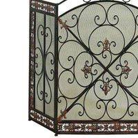 Traditional 3 Panel Metal Fire Screen With Filigree Design, Bronze - BM06168