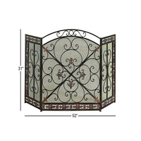 Traditional 3 Panel Metal Fire Screen With Filigree Design, Bronze - BM06168