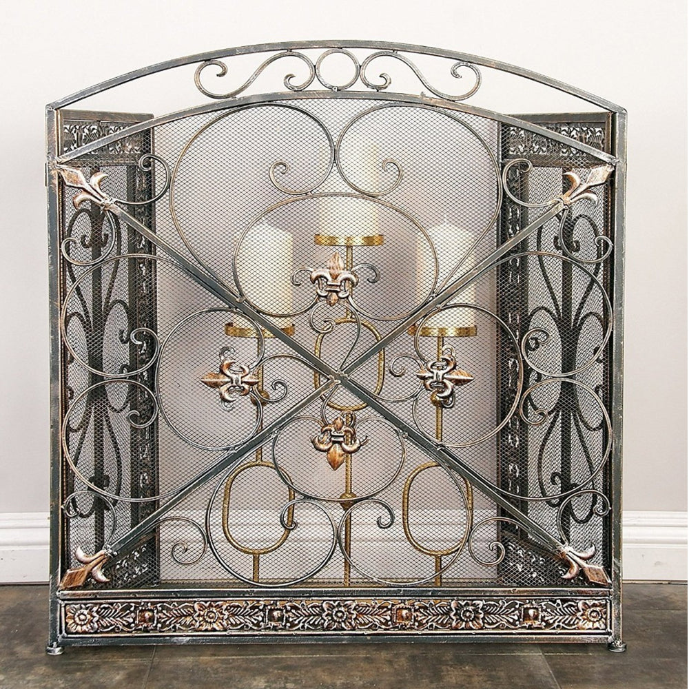Traditional 3 Panel Metal Fire Screen With Filigree Design, Bronze - BM06168