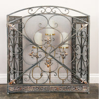 Traditional 3 Panel Metal Fire Screen With Filigree Design, Bronze - BM06168