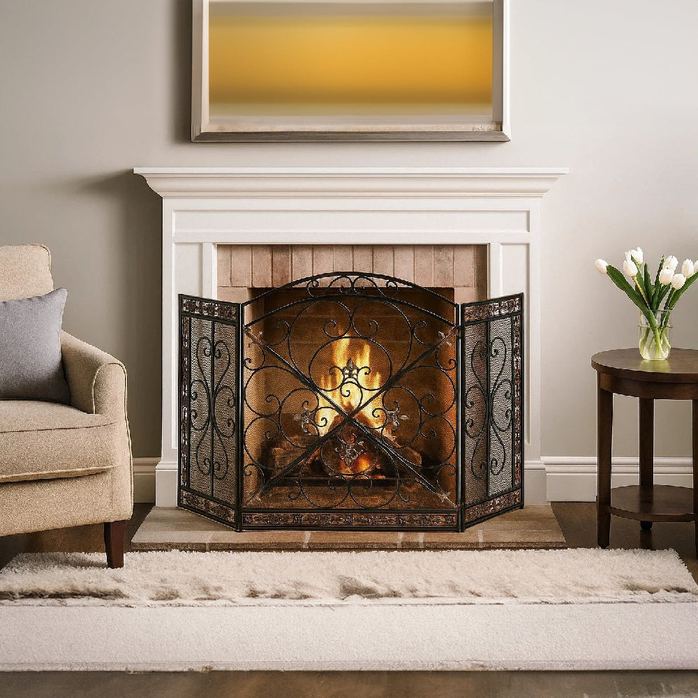 Traditional 3 Panel Metal Fire Screen With Filigree Design, Bronze - BM06168