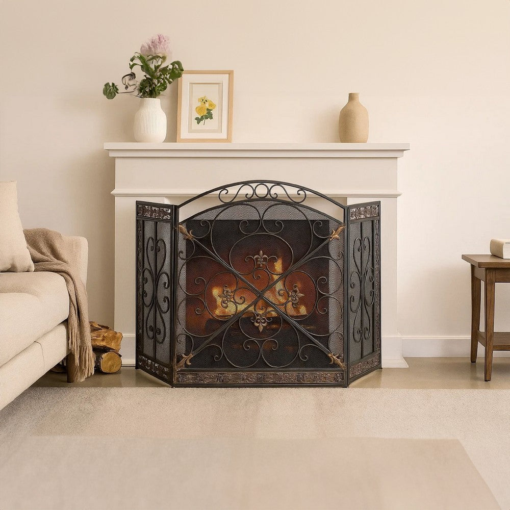 Traditional 3 Panel Metal Fire Screen With Filigree Design, Bronze - BM06168