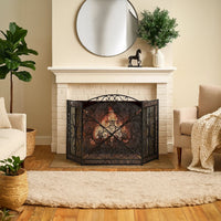 Traditional 3 Panel Metal Fire Screen With Filigree Design, Bronze - BM06168