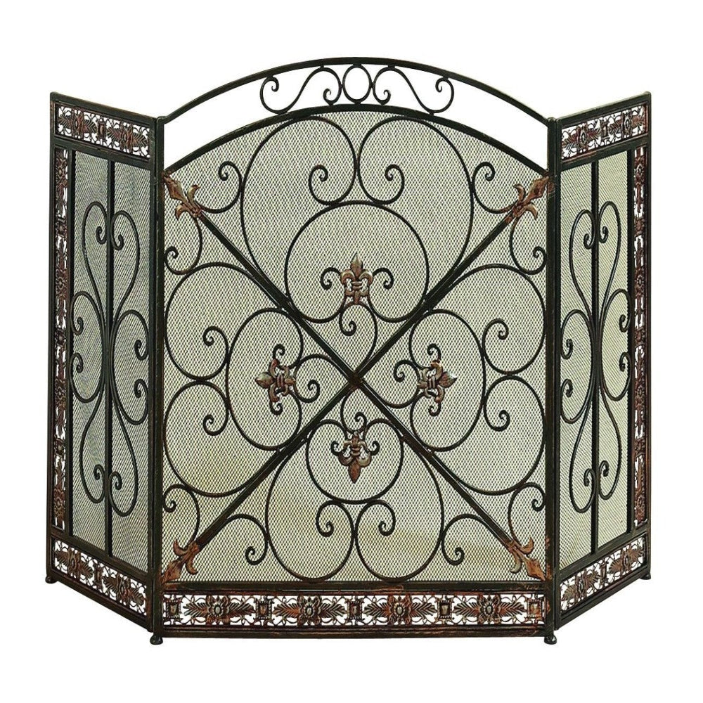 Traditional 3 Panel Metal Fire Screen With Filigree Design, Bronze - BM06168
