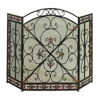 Traditional 3 Panel Metal Fire Screen With Filigree Design, Bronze - BM06168