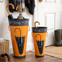 21, 16 Inch Metal Umbrella Stands, Black Engraved Artwork, Set of 2, Orange - BM07627