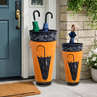 21, 16 Inch Metal Umbrella Stands, Black Engraved Artwork, Set of 2, Orange - BM07627