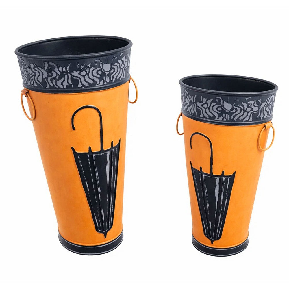 21, 16 Inch Metal Umbrella Stands, Black Engraved Artwork, Set of 2, Orange - BM07627