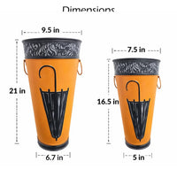 21, 16 Inch Metal Umbrella Stands, Black Engraved Artwork, Set of 2, Orange - BM07627