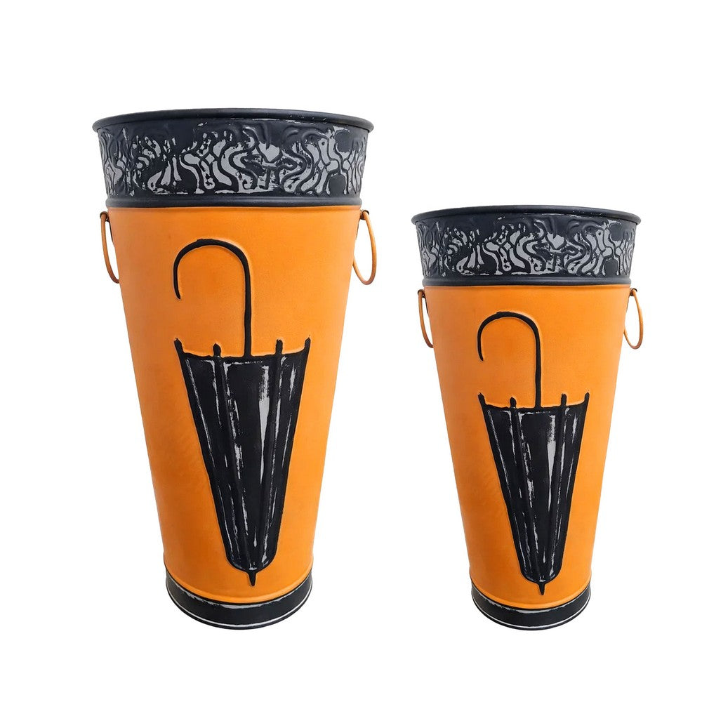 21, 16 Inch Metal Umbrella Stands, Black Engraved Artwork, Set of 2, Orange - BM07627