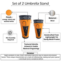 21, 16 Inch Metal Umbrella Stands, Black Engraved Artwork, Set of 2, Orange - BM07627