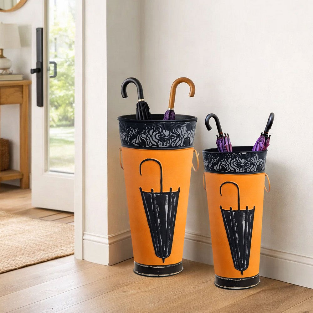 21, 16 Inch Metal Umbrella Stands, Black Engraved Artwork, Set of 2, Orange - BM07627