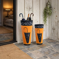21, 16 Inch Metal Umbrella Stands, Black Engraved Artwork, Set of 2, Orange - BM07627