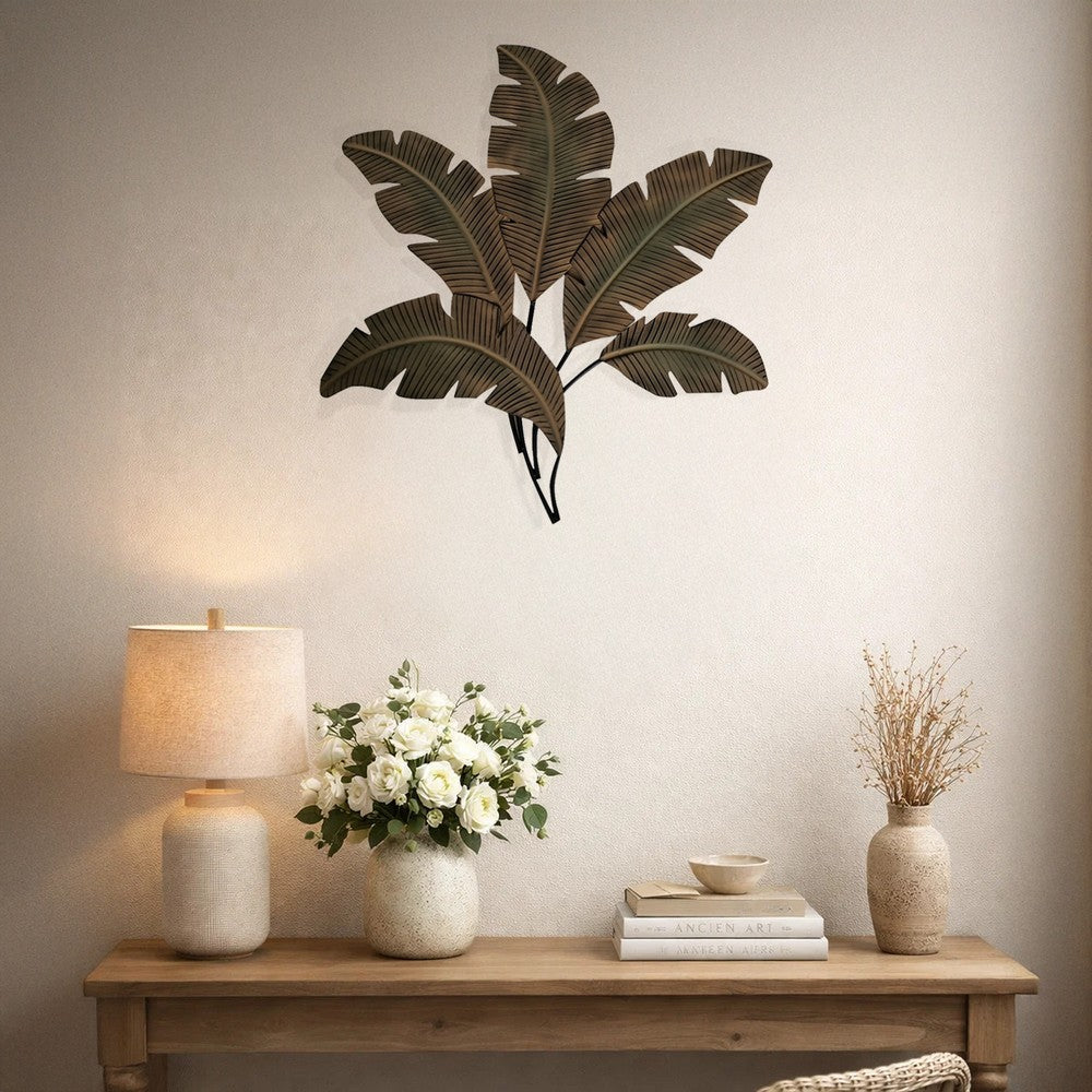 Benzara Metal Wall Decor Palm Leaf Green and Brown - BM07982