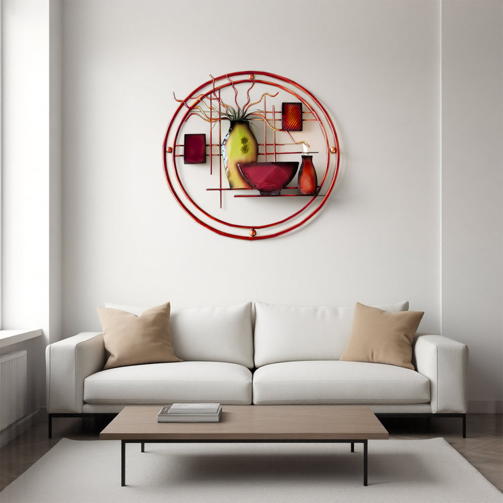 benzara 22 Inch Round Metal Wall Decor With Vase Multicolor - BM07986