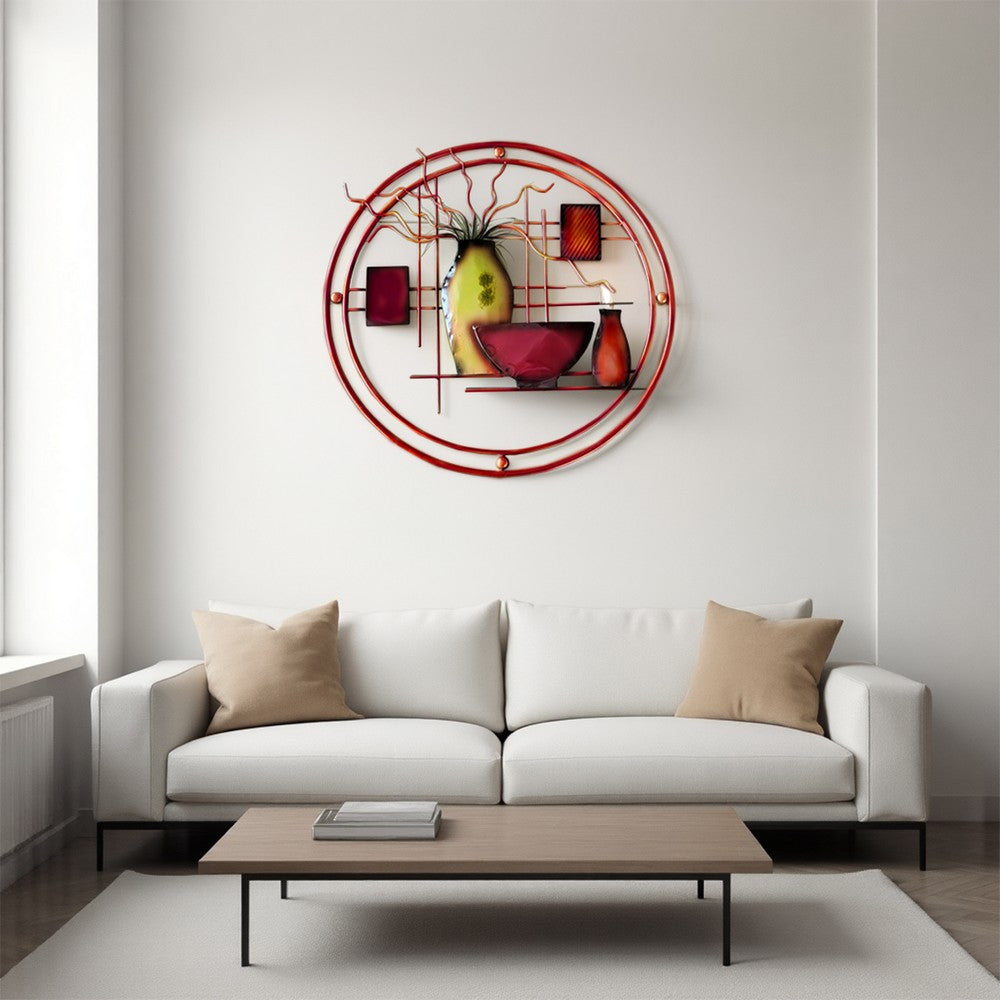 22 Inch Round Metal Wall Decor With Vase, Multicolor - BM07986
