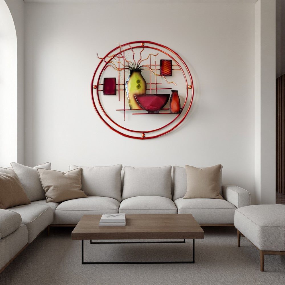 22 Inch Round Metal Wall Decor With Vase, Multicolor - BM07986