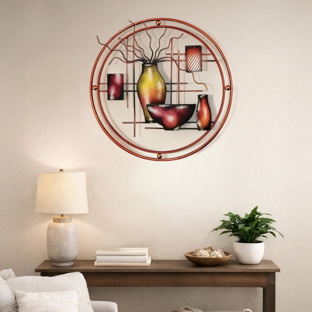 22 Inch Round Metal Wall Decor With Vase, Multicolor - BM07986