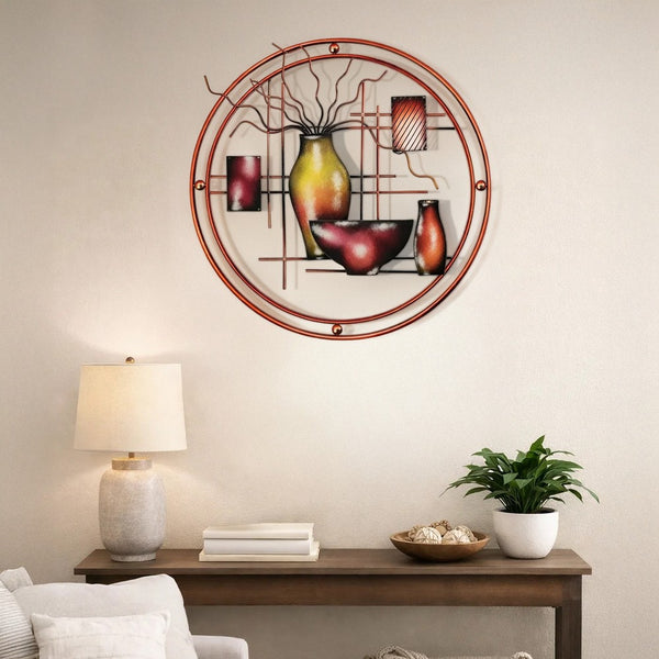 22 Inch Round Metal Wall Decor With Vase, Multicolor - BM07986