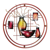 22 Inch Round Metal Wall Decor With Vase, Multicolor - BM07986