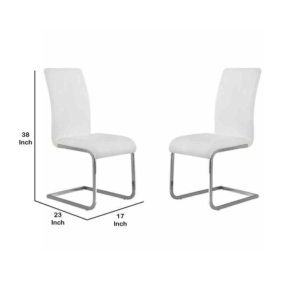 Metal Cantilever Base Leatherette Dining Chair, Set of 2, White and Silver - BM09803