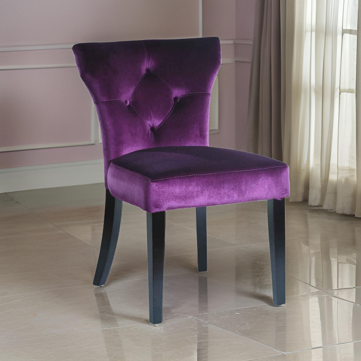 Fabric Side Chair with Button Tufted Back and Padded Seat, Set of 2, Purple - BM09918