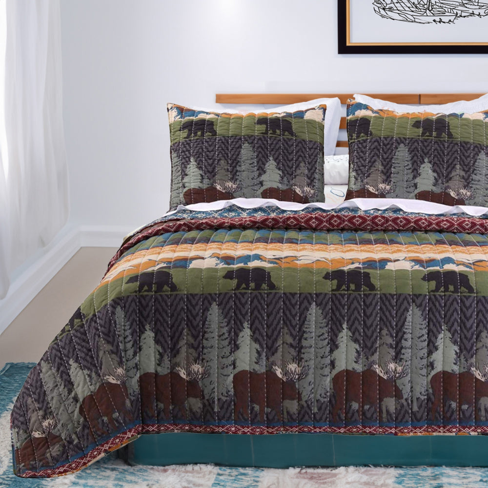 3 Piece Full Size Quilt Set with Nature Inspired Print, Multicolor - BM116916