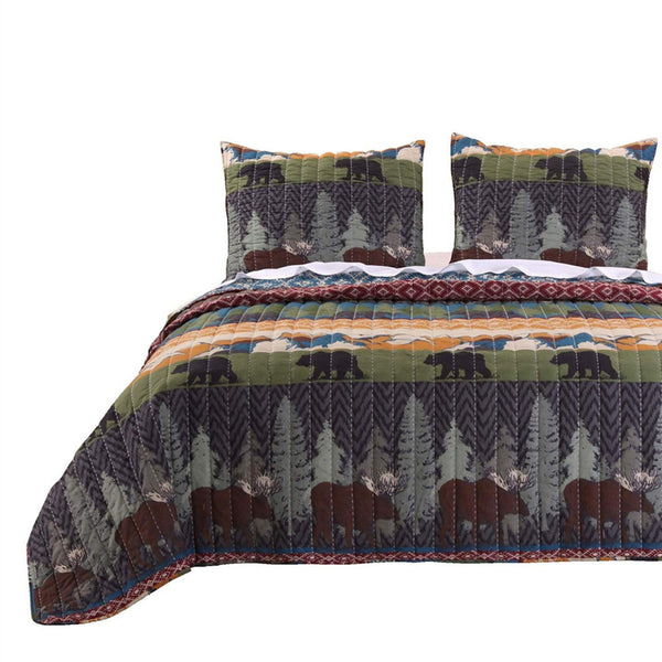 3 Piece Full Size Quilt Set with Nature Inspired Print, Multicolor - BM116916